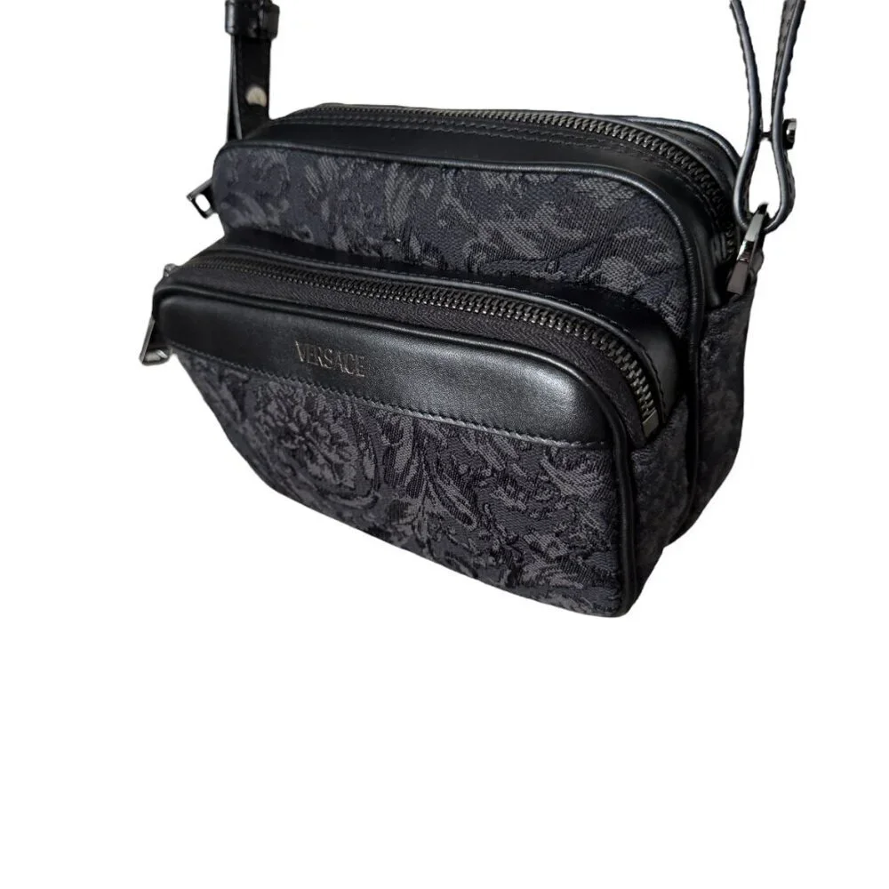 Versace Black Jacquard Fabric and Leather Shoulder Messenger Crossbody, 1012856‎